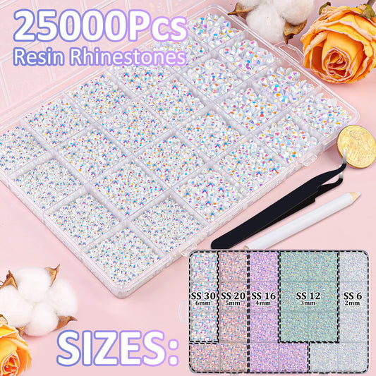 25000Pcs Resin Jelly Rhinestones for Crafting, White AB 2-6mm Mixed Sizes Non Hotfix Flatback Gems, Bedazzling Crystal for DIY Crafts Clothing Tumblers Mugs Shoes Fabric Nail Art