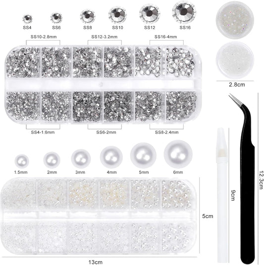 Flatback Rhinestones Half Pearls for Crafting, 1.6-4mm White Glass Rhinestones and 1.5-6mm Small Pearls for Bedazzling, Clothes and Nails Art