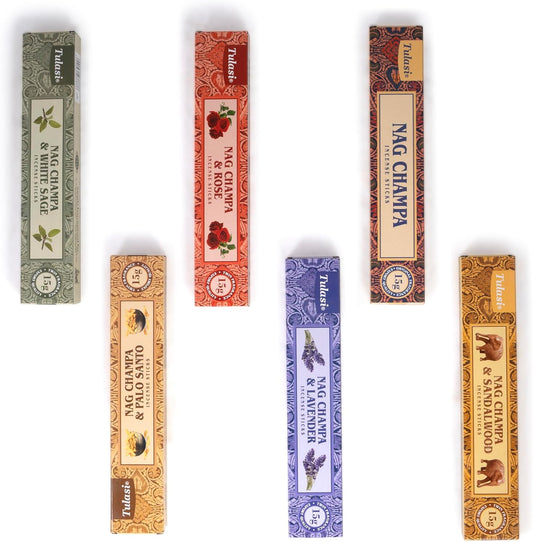Tulasi Nag Champa Incense Sticks Gift Pack of 6, Hand Rolled Fragrance Incense Sticks for Aromatherapy, Relaxing, Yoga, Meditation, Prayer, Agarbatti Stick with Natural Oils (15gm x 6)