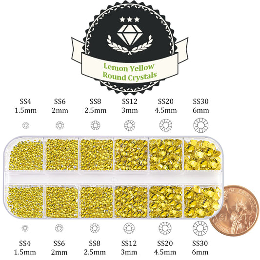 One Pack 2000 Pcs of Flatback Round Lemon Yellow Rhinestones 6 Sizes (1.5-6 mm) with Nail Art Rhinestone Picker Pencil and Tweezer for DIY and Salon Use