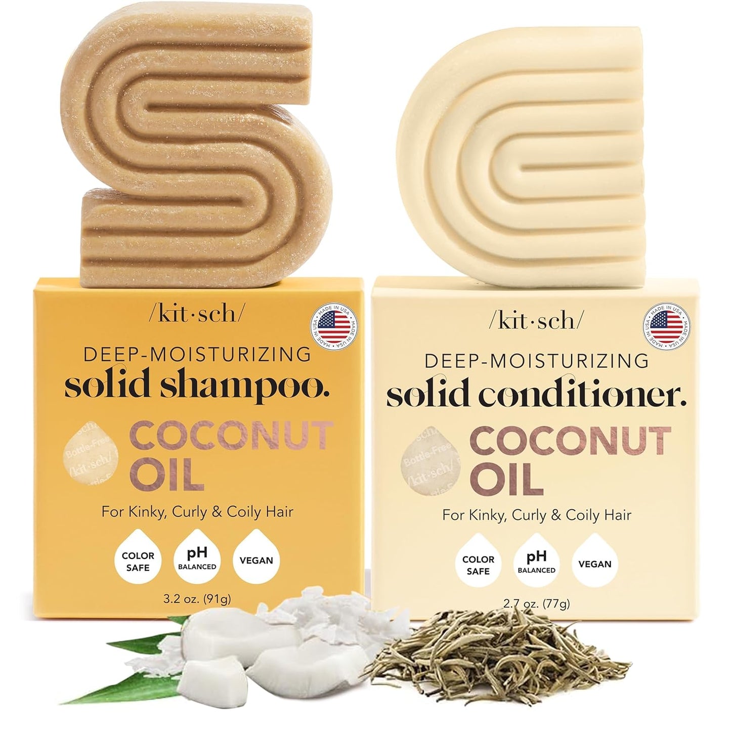 Kitsch Coconut Oil Shampoo and Conditioner Set – Deep Moisturizing Shampoo and Conditioner Bar for Dry Damaged Hair – Hydrating Solid Bars for Curly, Coily & Color Treated Hair – Made in USA