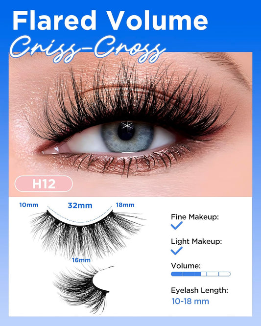 BEYELIAN 14 Pairs False Eyelashes Fluffy D Curl 10-18MM Long Wispy Lashes Pack, Soft and Lightweight 3D Volume Faux Mink Lashes, Reusable, Easy to Apply (14P-HSCS-12)