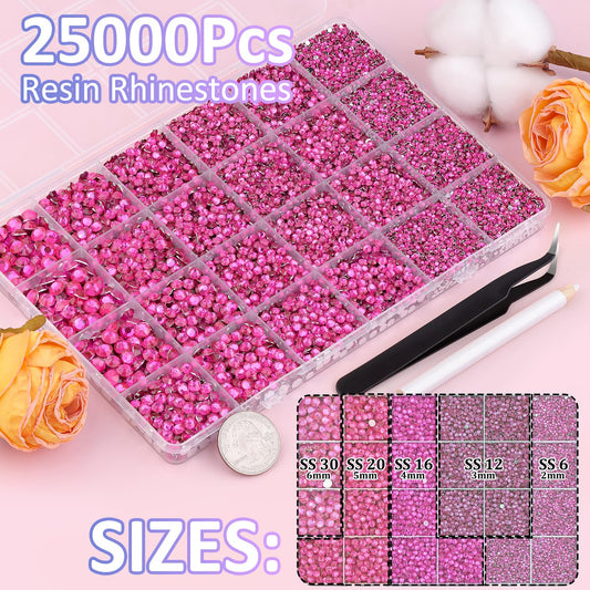 25000Pcs Resin Rhinestones with Tweezers for Crafting, Hot Pink 2-6mm Mixed Sizes Bedazzling Crystal with 3Pcs 10ml B7000 Jewelry Glue for DIY Crafts Clothing Tumblers Shoes Fabric Nail Art