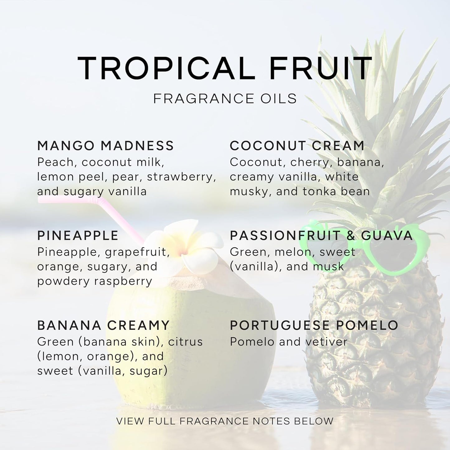 Eternal Essence Oils Tropical Fruit Set of 6 Premium Fragrance Oils - Includes Mango, Coconut Cream, Pineapple, Passion Fruit & Guava, Banana and Portuguese Pomelo Scented Oils - 10ML