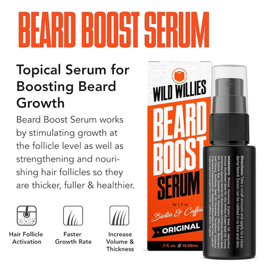 Wild Willies All-in-One Beard Growth Kit - Includes Beard Boost Serum Oil & Growth Supplement, Boar Bristle Brush - Perfect Grooming Kit for Men - Achieve Thicker, Fuller, Healthier Beard