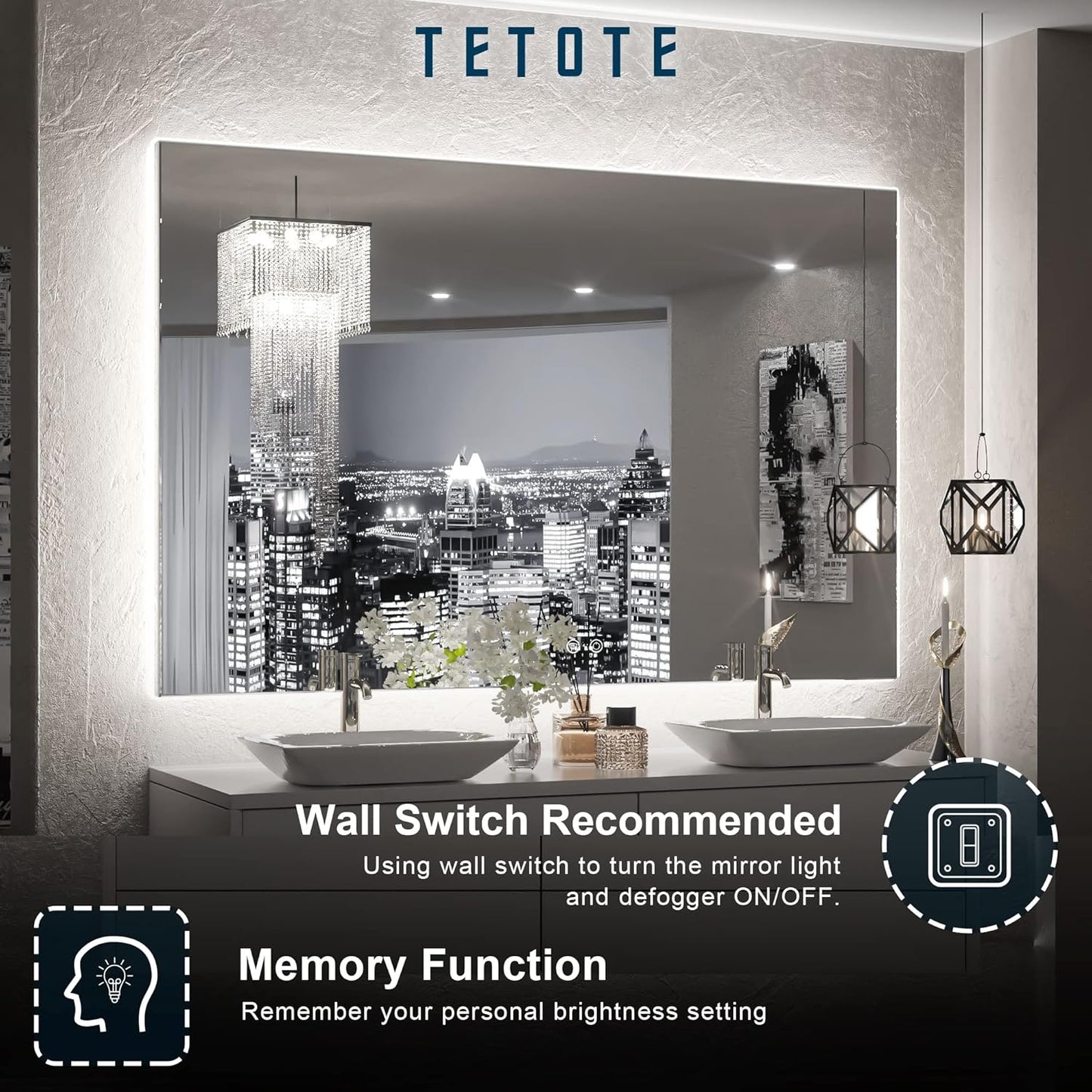 TETOTE 48 x 30 LED Backlit Bathroom Mirror with Light,3Color White/Warm/Natural,Anti-Fog Lighted Mirror,Dimmable,Vanity Mirror,Wall Mounted