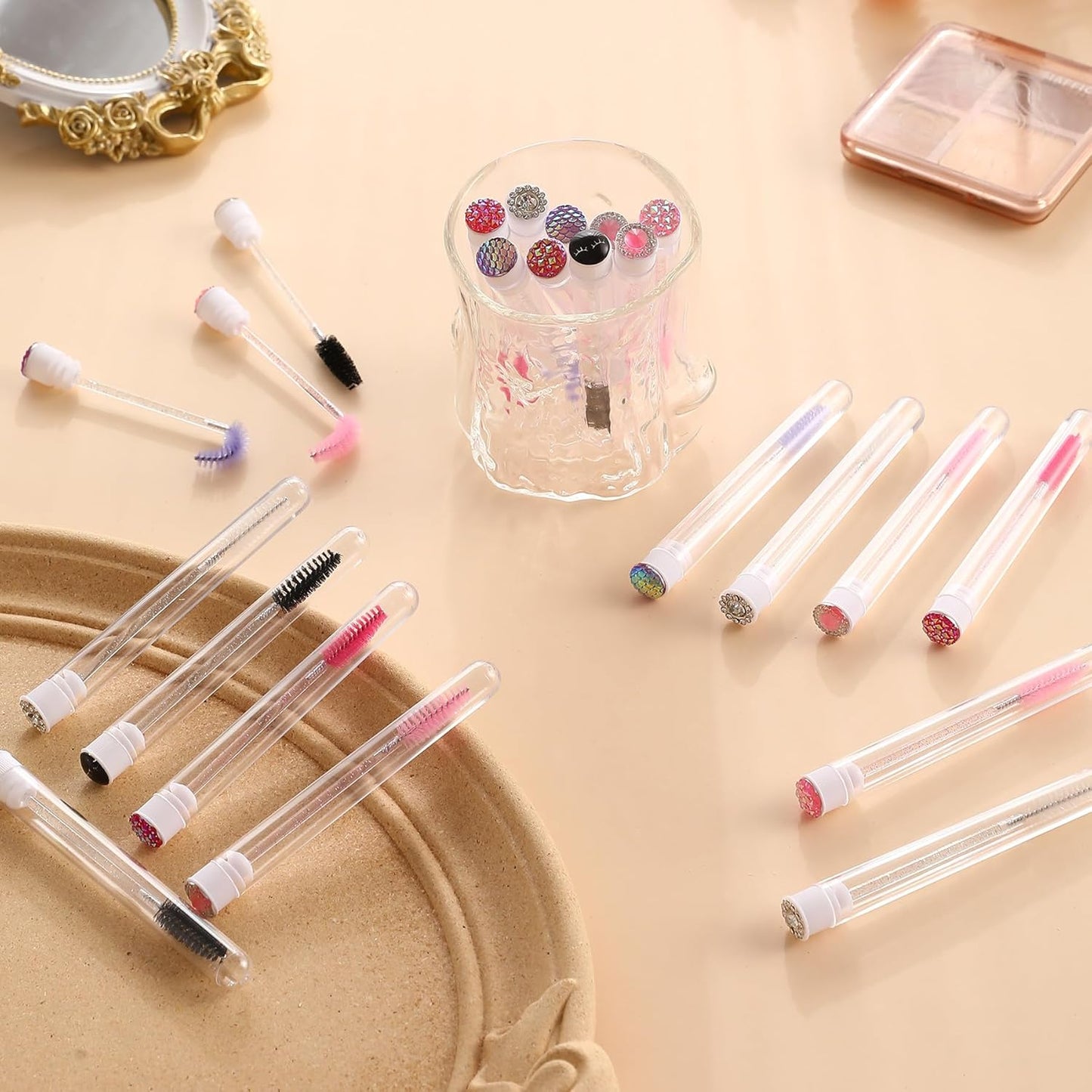 Upgrade 48 Pieces Disposable Mascara Wands Set,Include 24 Pcs Crystal Lash Spoolies Brush and 24 Pcs Reusable Keychain Empty Eyelash Brush Tubes