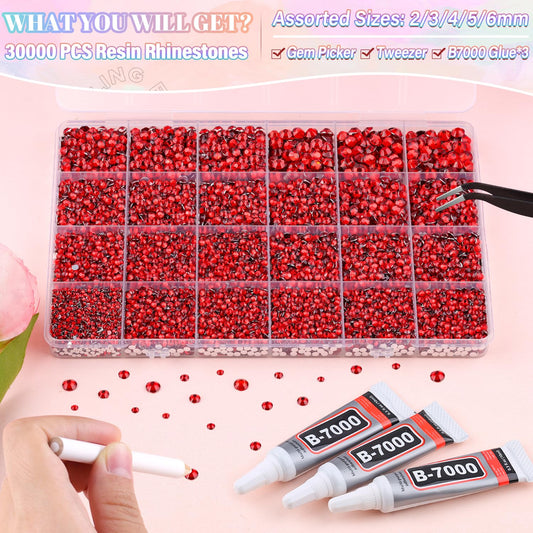 30000Pcs Resin Red Rhinestones for Bedazzling Crafting with b7000 Jewelry Glue, Bulk Flatback Gems Bedazzler Kit for Crafts Clothes Shoes Fabric Nail Diamond Art, Assorted Size 2/3/4/5/6mm