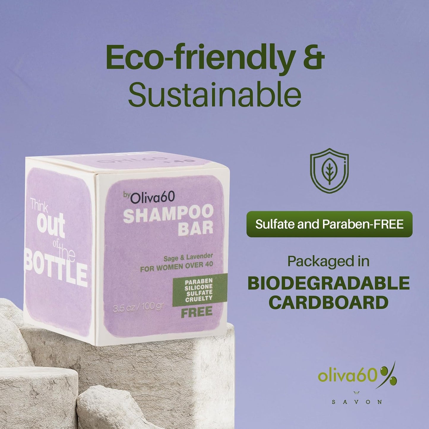 Shampoo Bar Sage Lavender | Hair Care - Made with Olive, Argan & Macadamia Oil | Sulfate & Paraben Free | Natural Hair Care | 3.5 oz | Hydrating & Strengthening | OLIVA 60