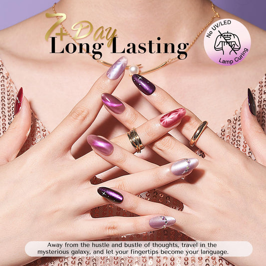 AZUREBEAUTY Cat Eye Nail Polish Set Quick Dry Mooncat Glitter Holographic Purple Black Red 4 Colors Natural Fingernail with Top Coat DIY Salon Home no Gel