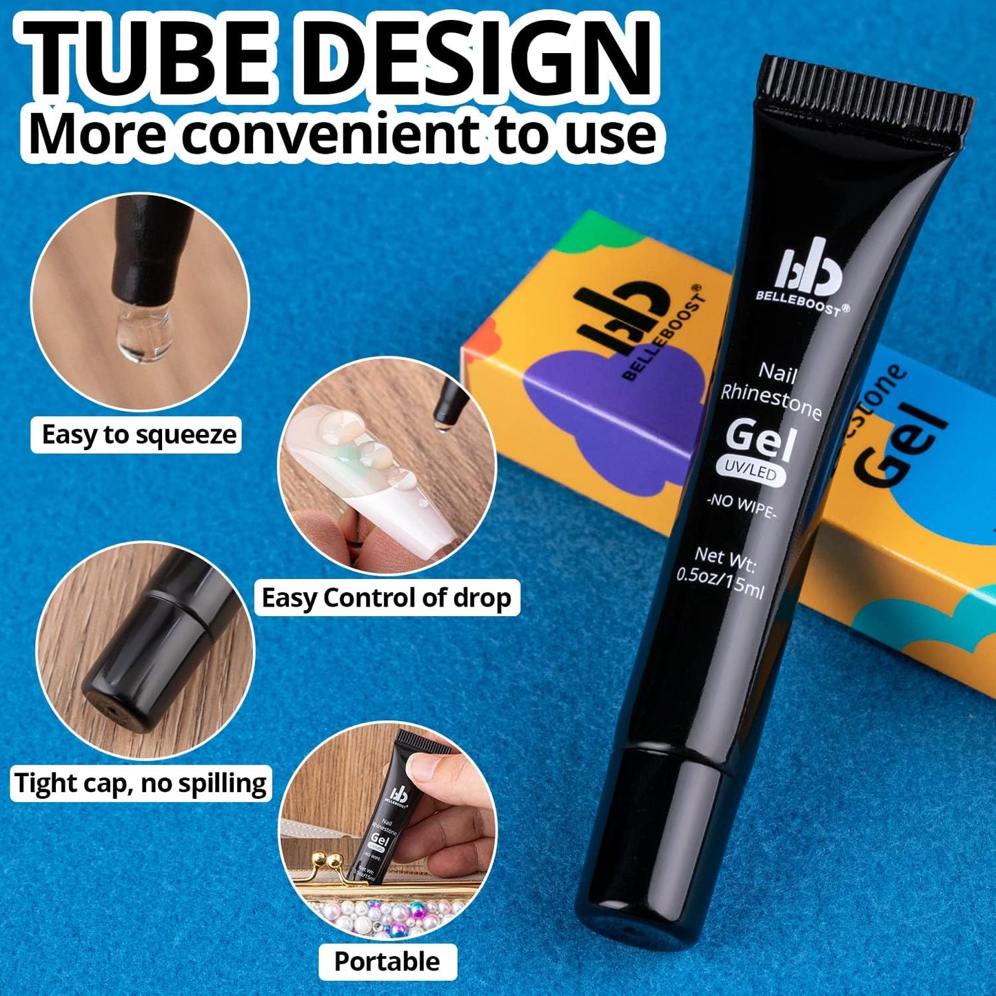 Nail Art Rhinestone Glue Gel&Flatback Gems Accessories Kit, 1 Tube of 15ml Rhinestone Gel Glue(UV/LED Needed)+1 Box of Flat-Back Round Mixed Color Gemstones with Pickup Pencil and Tweezer