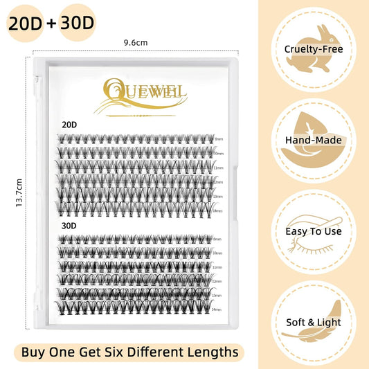 QUEWEL Cluster Lashes 240Pcs Individual Lashes 20D+30D D Curl Mix8-14mm Lash Extensions Clusters Lashes Soft&Natural False Eyelashes Individual DIY Eyelash Extension at Home(20D+30D D mix-8-14)