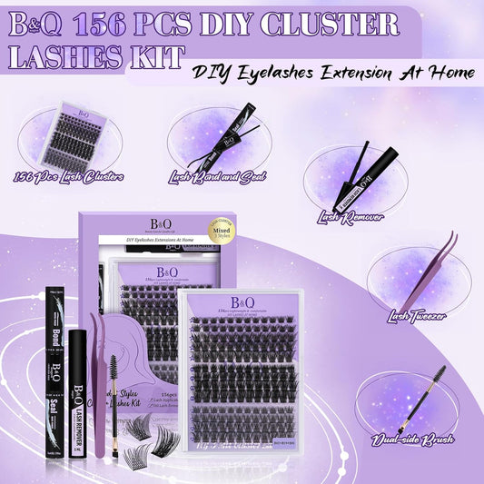 B&Qaugen Lash Clusters 156PCS Lash Clusters Kit B01+B02+B19 DIY Lash Extension Kit Eyelash Extension Kit 8-18mm Wispy Lashes Clusters with Lash Bond & Seal Lash Applicator Tool for DIY (Andromeda)