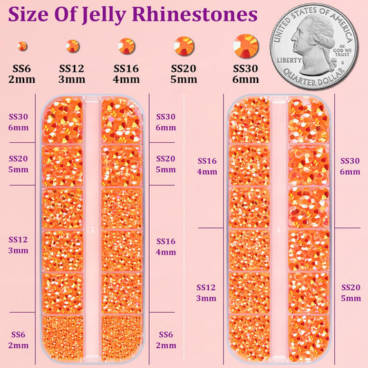Resin Jelly Rhinestones for Crafting with B7000 Jewelry Glue, 2 Boxes Orange AB Flatback Crystals with 3Pcs 10ml Glue, Bedazzling Non Hotfix Gems for DIY Tumblers Clothing Shoes Manicure