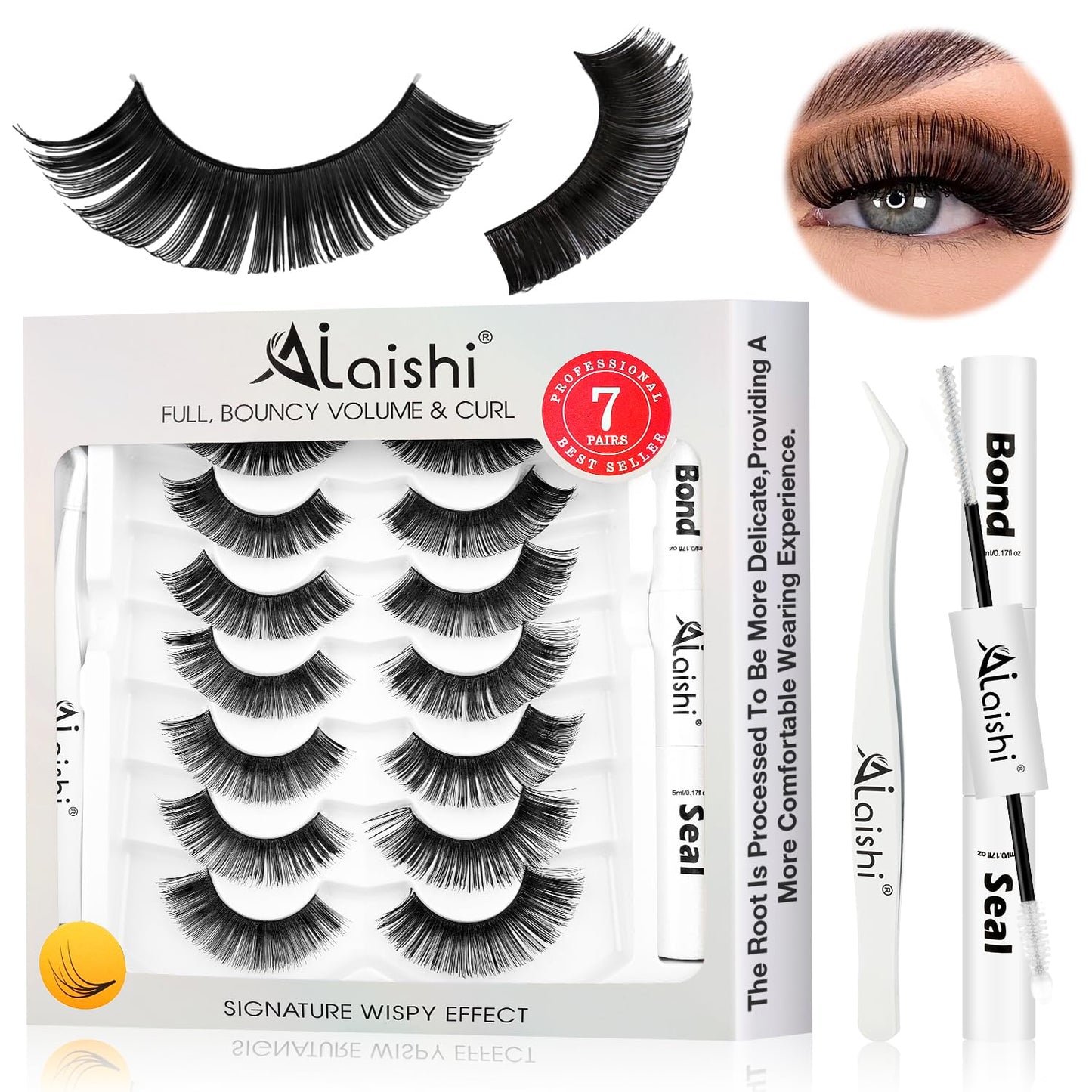 Fluffy False Eyelashes Kit With Bond, Seal and Tweezer, 7 Pairs Natural Look Fake Cat Eye Lashes Strips Thin Band Extensions Waterproof Easy Eyelashes for Beginners DF100