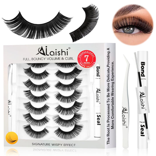Fluffy False Eyelashes Kit With Bond, Seal and Tweezer, 7 Pairs Natural Look Fake Cat Eye Lashes Strips Thin Band Extensions Waterproof Easy Eyelashes for Beginners DF100