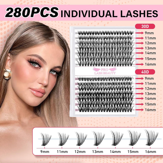 Individual Lashes 280 Pcs 30D+40D Mixed Lash Clusters 14 Rows that Look Like Eyelash Extensions DIY Lash Extension Self Application At Home (30+40-D-9-16mix)
