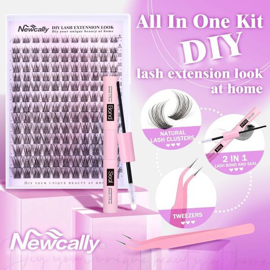 Natural Lash Clusters Kit DIY Lash Extension Kit Wispy Cluster Eyelash Extension 10-16MM C-curly Individual Lashes Kit Lash Bond and Seal by Newcally