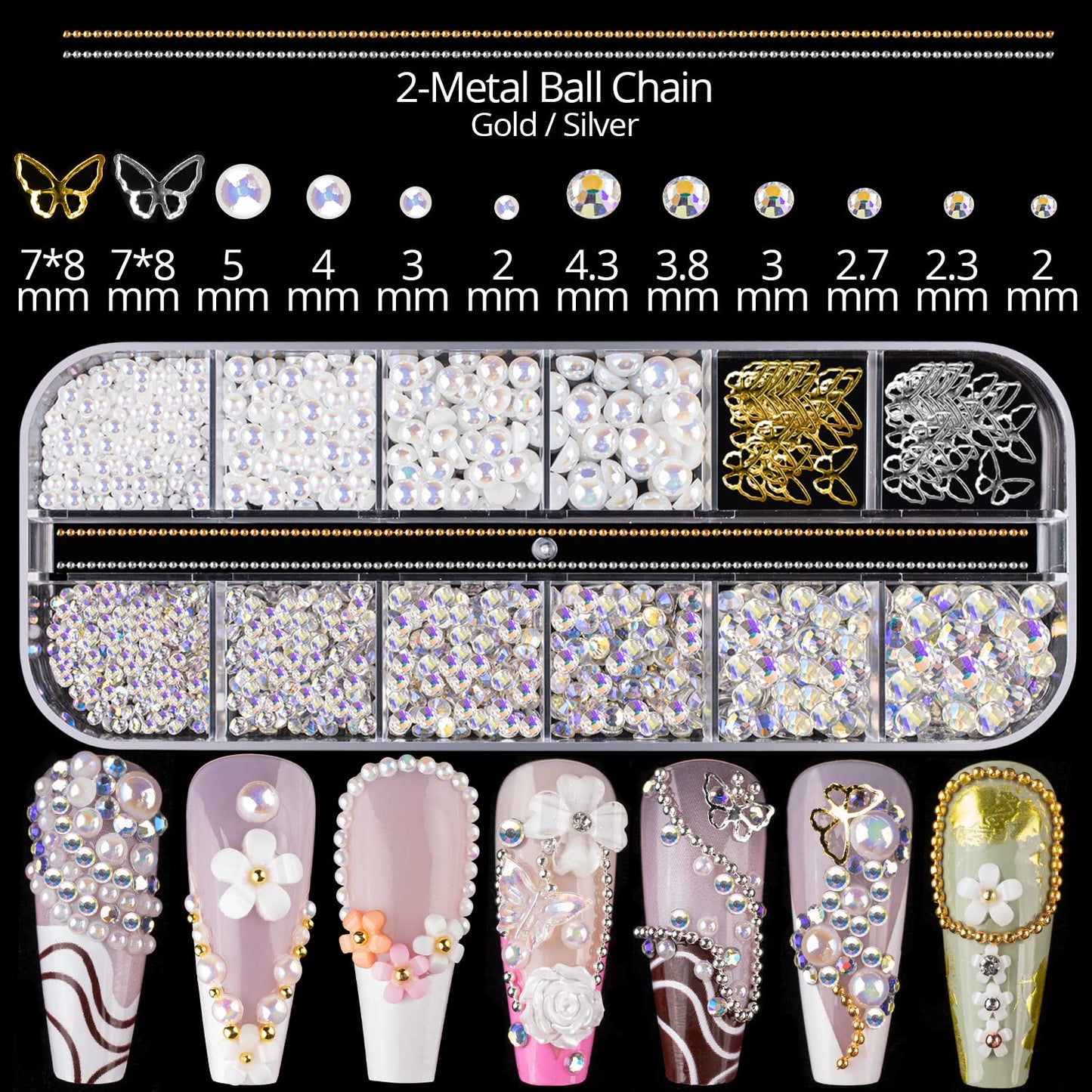Mixed 3D Nail Art Gem Decoration Accessories Kit #4, Aurora Bear Bow Butterfly Starry AB Rhinestone Charm Jewelry for Deco, Pearl Flower Caviar Bead Stone Crystal with Dual-End Brush and Tweezer