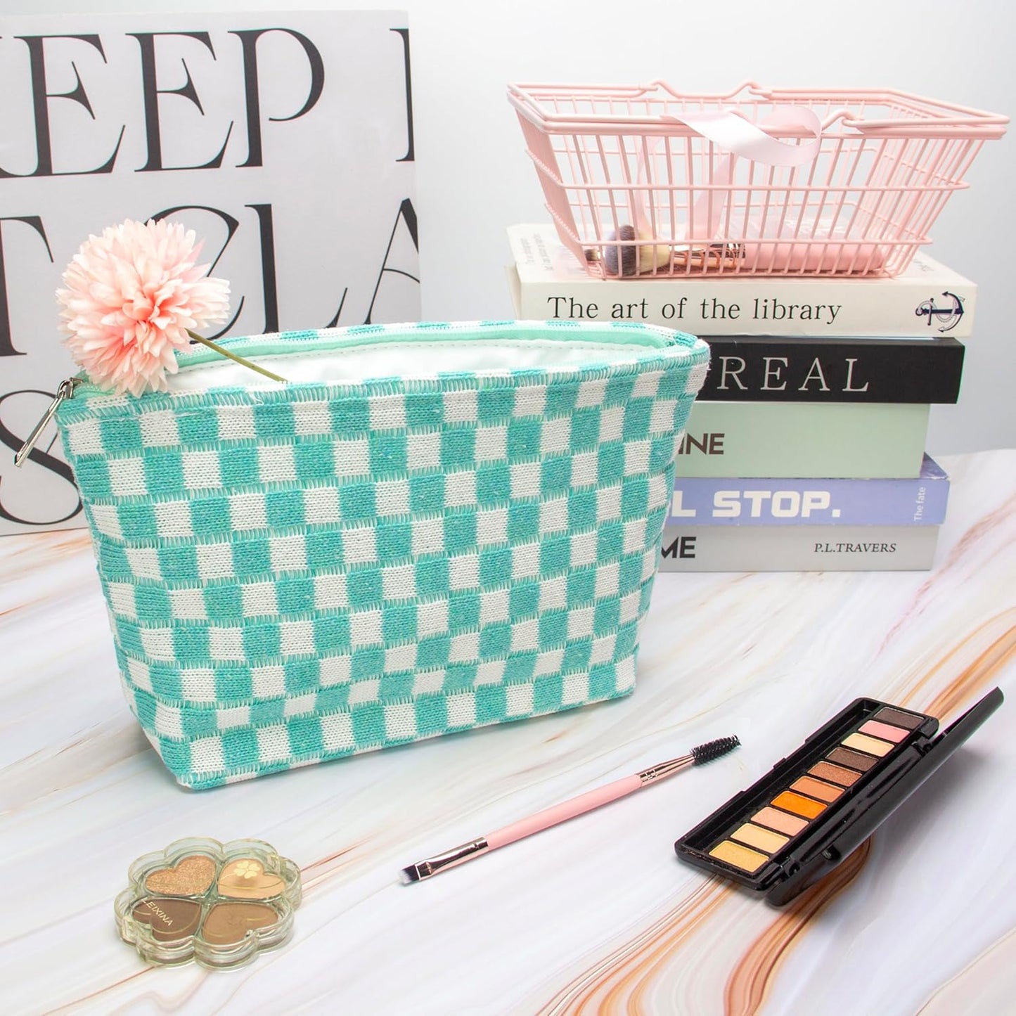 PAZIMIIK Knitted Checkered Makeup Bag Large Zipper Make Up Accessory Pouch for Purse Cosmetic Brush Bag for Travel Essential Arctic Blue