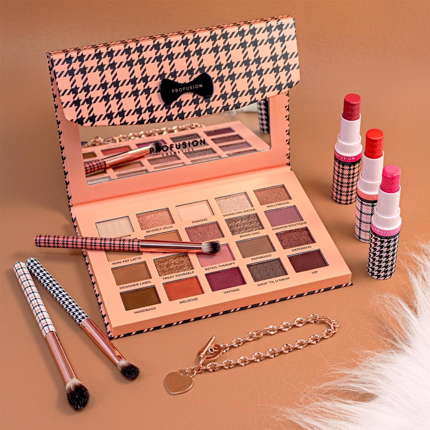 Profusion Cosmetics Beverly Hills PR Box, Includes Beauty Clutch 20 Shade Palette with Mirror, 3 Pc Eyeshadow Brush Set, and Lip Balm Trio to Enhance Your Beauty Routine