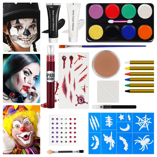 Halloween Makeup Kit, White Black Skeleton Face Paint, Clown Witch Makeup Palette, Vampire Zombie Makeup Kids Adult Special Effects: Fake Blood Scar Wax Tattoos Stencils Crayons Set