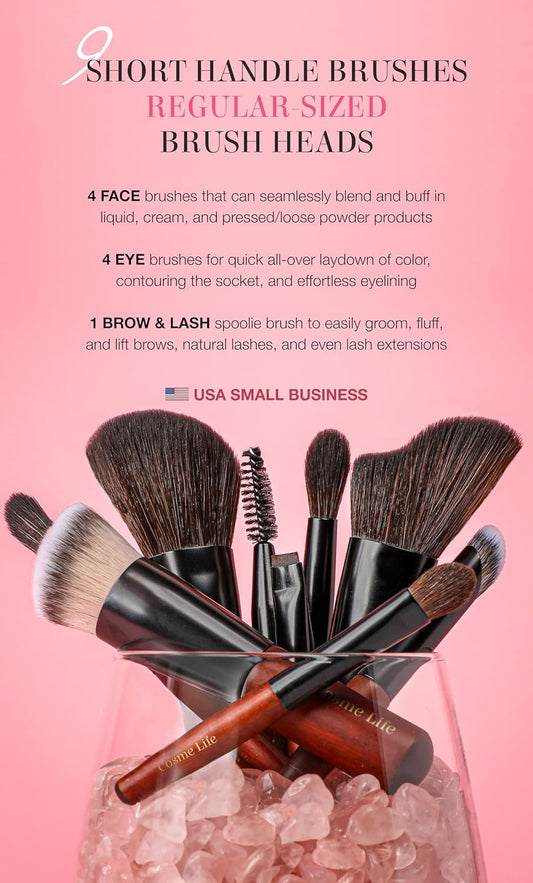 Cosme 9 FLAWLESS FACE MINI Makeup Brush Set: Foundation, Eyeshadow, Blush, Contour, Powder Make Up Brush Set & Case. Synthetic & Natural Hair Makeup Brushes inspo by Japanese Travel Makeup Brushes