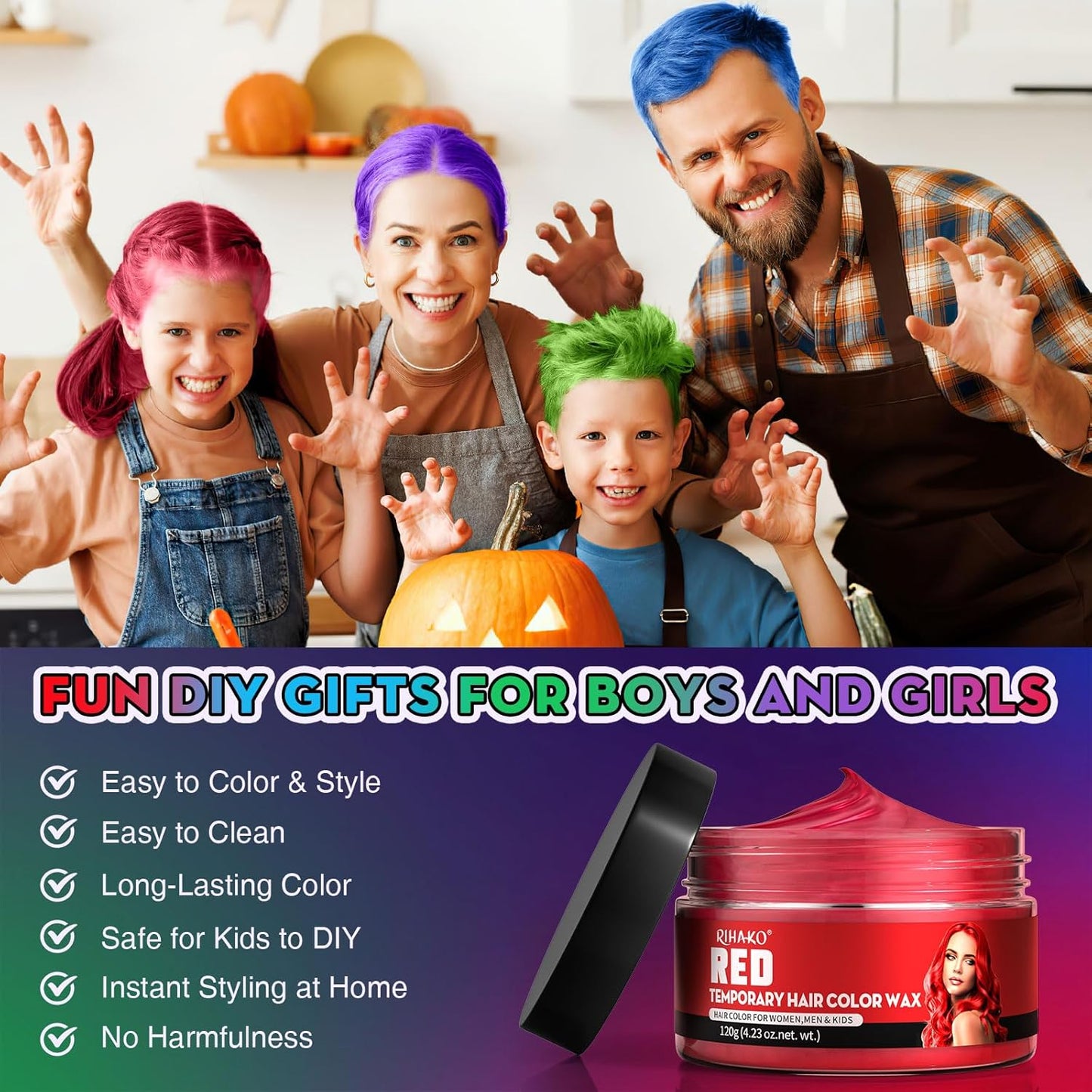 4 Colors Temporary Hair Color for Kids,Gifts for Teens,Girls,Boys,Fun Gifts for Kids,Temporary Hair Dye,Green Purple Red Blue Hair Dye Color Wax,DIY Hairstyle Instant Color Wax Halloween Party