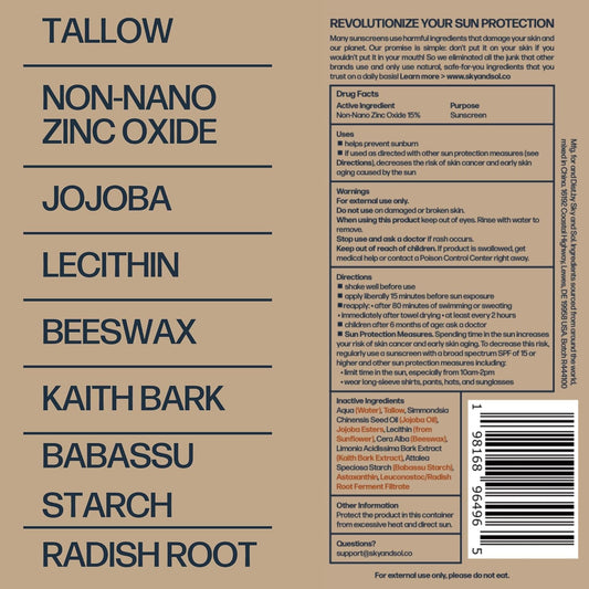 Natural Mineral Sunscreen SPF 30 3 oz: Natural Tallow & Zinc Oxide, Reef Safe, Water Resistant, Fragrance-Free, Non-Greasy Formula for Face and Body