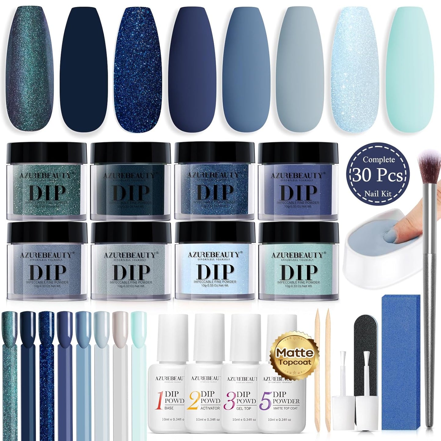 AZUREBEAUTY 30Pcs Dip Powder Nail Kit Starter with Nail Sticks, Glitter Baby Dark Blue 8 Colors Dipping Powder Liquid Set Added Matte Top Coat for Fall Winter Nail Art Manicure Salon DIY Home Gift