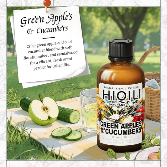 HIQILI Green Apples & Cucumbers Fragrance Oil for Candle, Soap, Perfume Making, Inspired by D.Ka-Ran B.De-Licious, Fresh Scents, Add to Skin & Hair Care Products - 1 Fl Oz