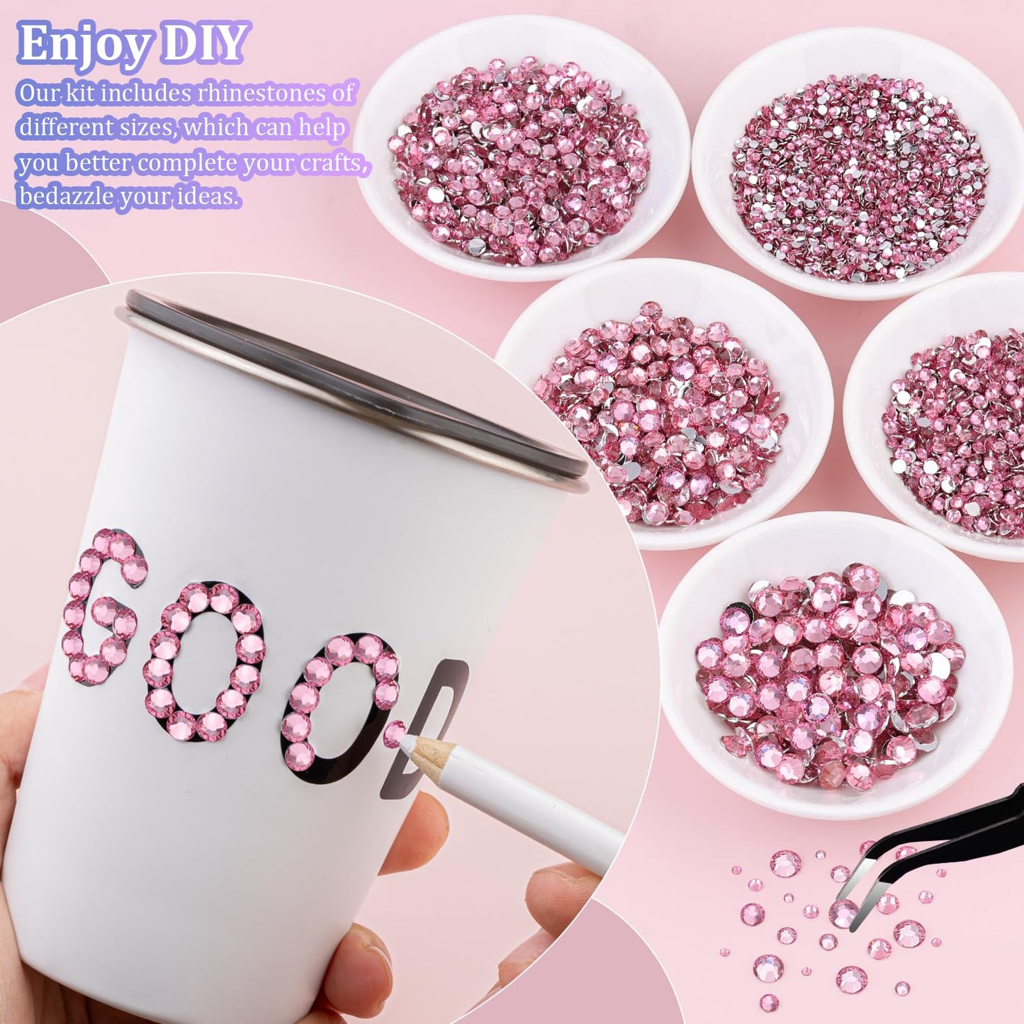 25000Pcs Resin Rhinestones with Tweezers for Crafting, Dark Pink 2-6mm Mixed Sizes Bedazzling Crystal with 3Pcs 10ml B7000 Jewelry Glue for DIY Crafts Clothing Tumblers Shoes Fabric Nail Art