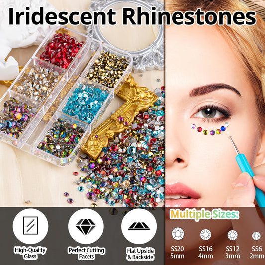 Colorful Face Gems for Makeup Set, Flatback Gorgeous Charming Mixed-Colored Chameleon Crystals with Makeup Glue+Picker Pencil+Tweezer+Dual-End Dotting Tool for Eye Body Hair Make-up and Nail Art Deco