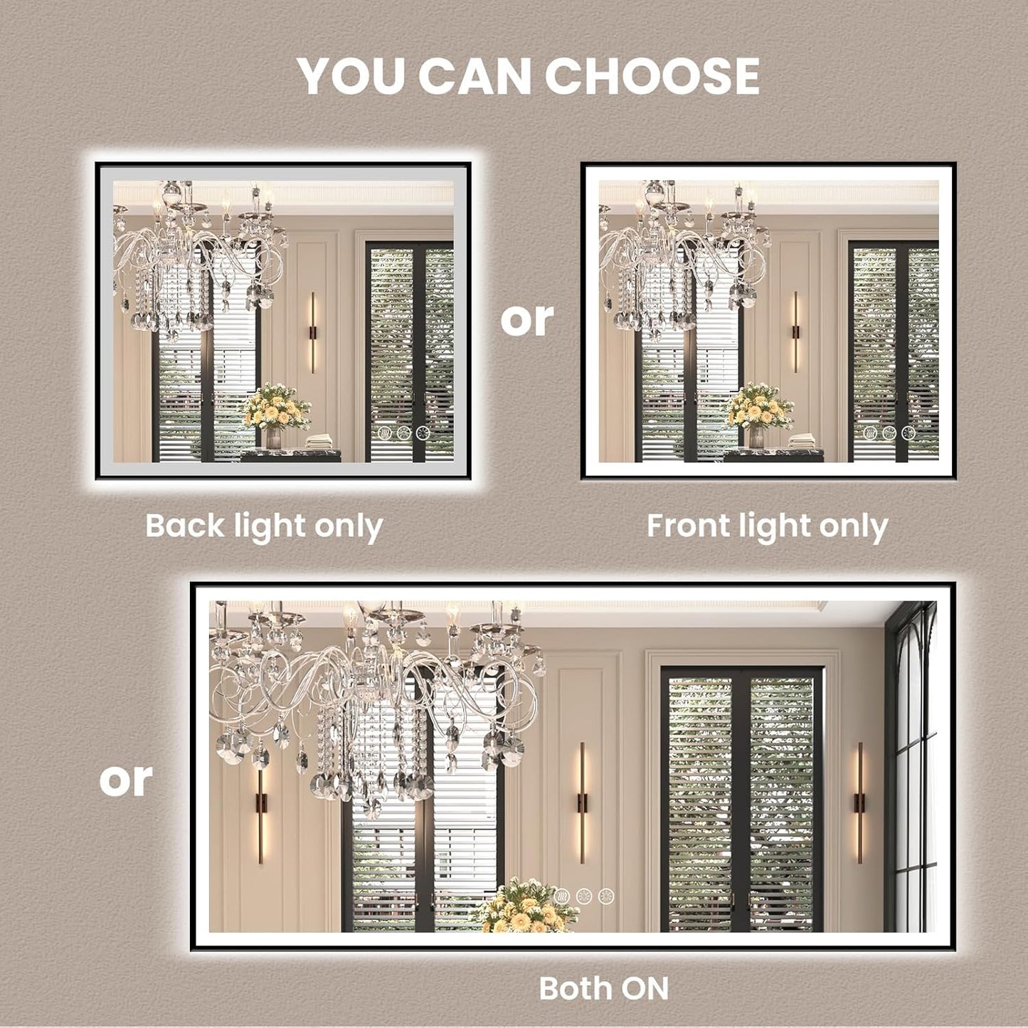 Amorho 30"x 36" LED Bathroom Mirror with Black Frame, Front Light and Backlit(Controlled Separately), Stepless Dimmable, Anti-Fog, Shatter-Proof, 3 Colors, Memory