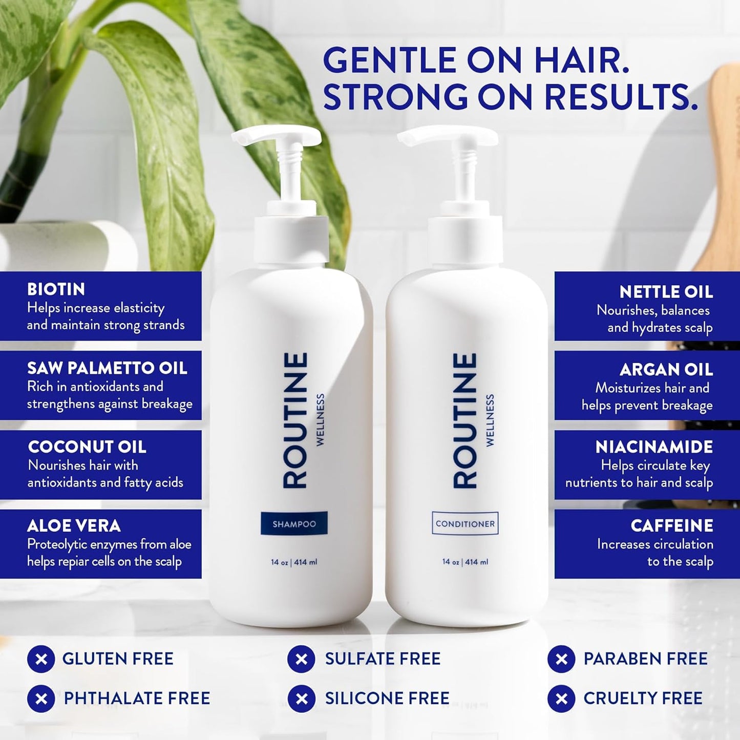 Routine Wellness Shampoo and Conditioner Set and Hair Serum for Thinning Hair - DHT Blocker Women & Men - Color Safe Shampoo for Hair Loss & Healthier Hair - Rose Hips Set + Serum