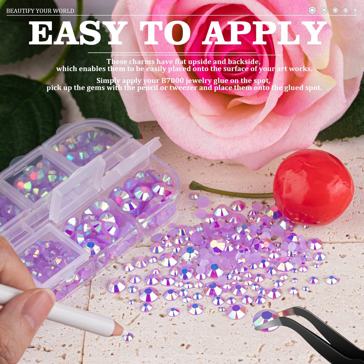 7000PCS Resin Rhinestones with Tweezers for Crafting, 2/3/4/5/6mm Flatback Jelly Rhinestones, 4 Box Lavender Purple AB Non Hotfix Crystal Gems for DIY Crafts Mugs Tumblers Clothes Makeup Nail