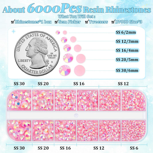 6000Pcs Resin Rhinestones for Bedazzling with 3Pcs B7000 Jewelry Glue, 1 Box Light Pink AB Flatback Rhinestones for Crafting Crafts DIY, Crystals Gems for Clothing Shoes Tumblers Nail Art Makeup