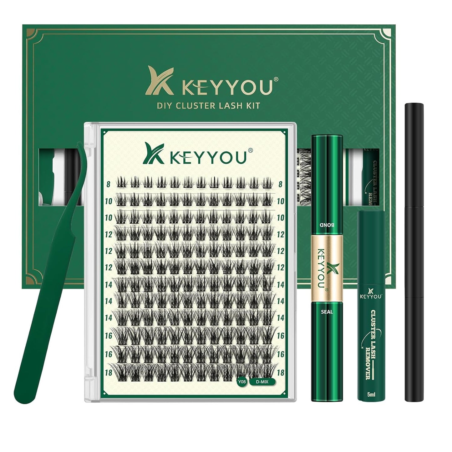 DIY Lash Extension Kit KEYYOU 144pcs Lash Clusters Eyelash Extension Kit with Mascara Brush Bond and Seal Lash Glue Remover Lash Applicators Lash Brush for DIY Lash Extensions (Y08 Kit)