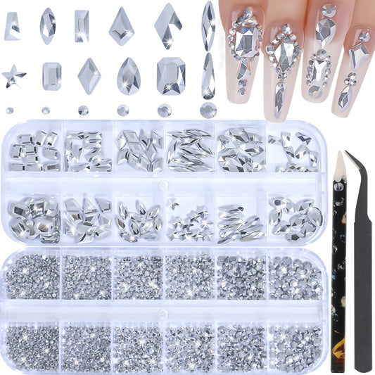 HNUIX Nail Rhinestones - 3D Multi Shape Size, Silver Nail Gems and Charms, Flat Back Crystal, with Kit, for Nail Art, DIY Decorations
