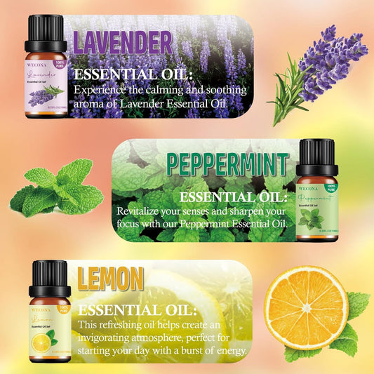 Pure Essential Oil Set - Top 6 Aromatherapy Oils Set, Essential Oils for Diffusers for Home - Peppermint, Lavender, Eucalyptus, Lemongrass, Rosemary, Lemon - 10ml x 6