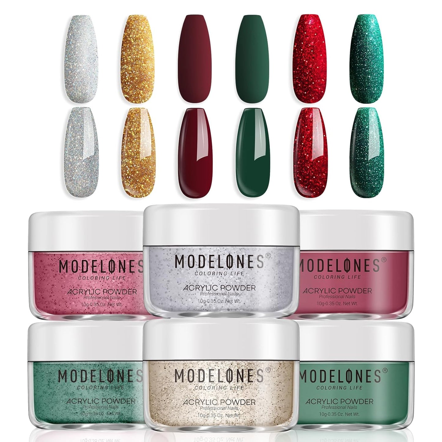 Modelones Christmas Colors Acrylic Powder Kit - 6 Colors Golden Glitter Yellow Green Dark Red Sliver Christmas Eve Cover Powder for Nail Art Extension - No Lamp Needed (C7-Lucky Clover)
