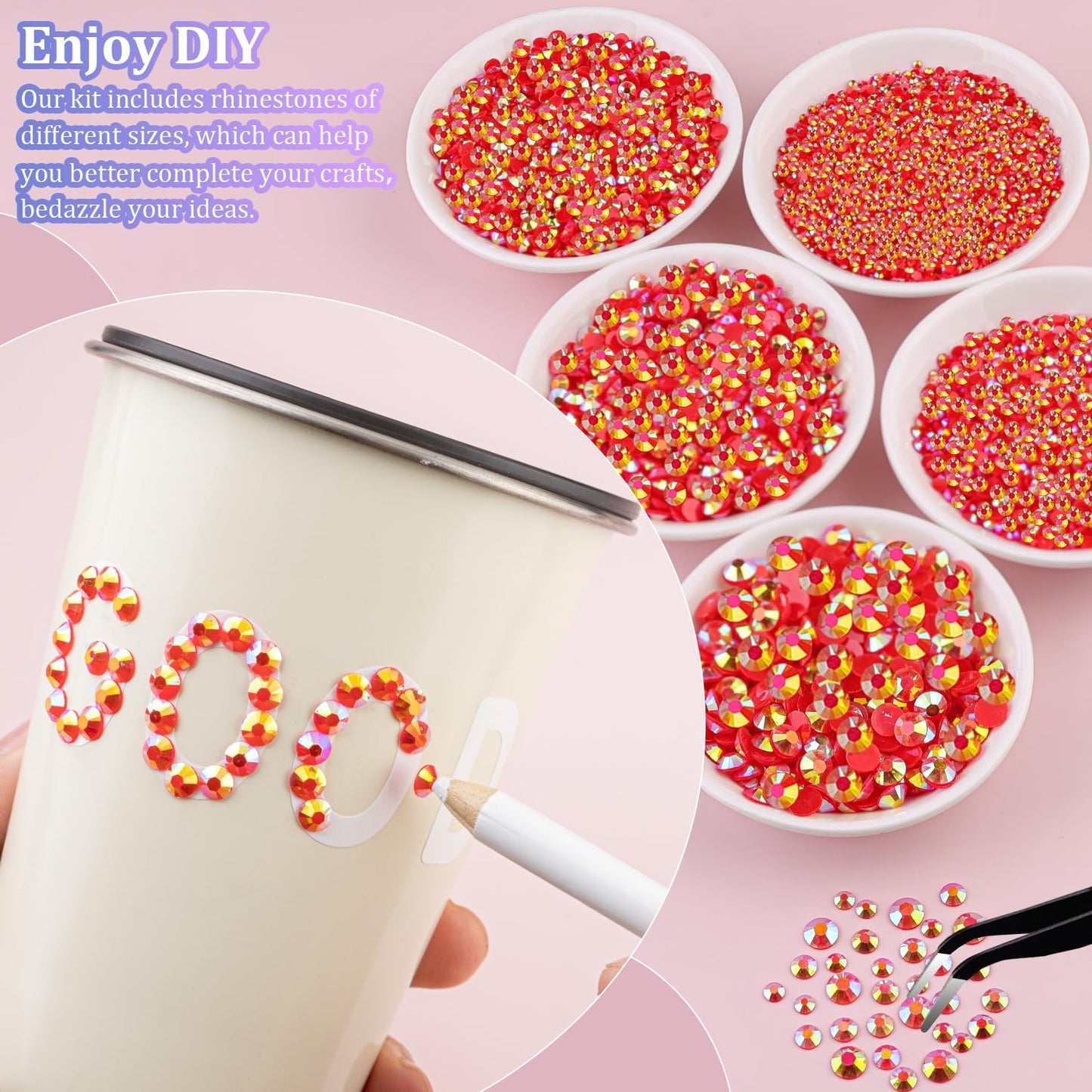 30000Pcs Resin Rhinestones for Bedazzling with Tweezers, Red AB Rhinestones for Crafting with B7000 Jewelry Glue for DIY Crafts Clothing Tumblers Shoes Fabric Nail Art