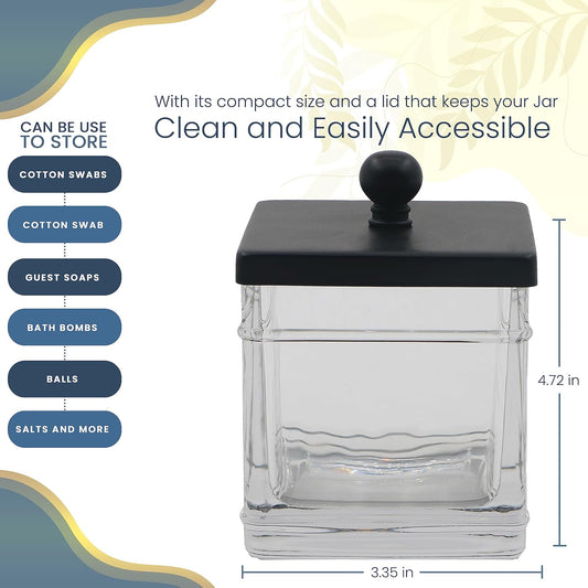 H Halston Apothecary Glass Cotton Jar Holder for Qtips, Cotton Balls, Floss, Storage Canister, Bathroom Organization, With Matte Black 304L Stainless Steel Lid, Makeup Vanity Organizer