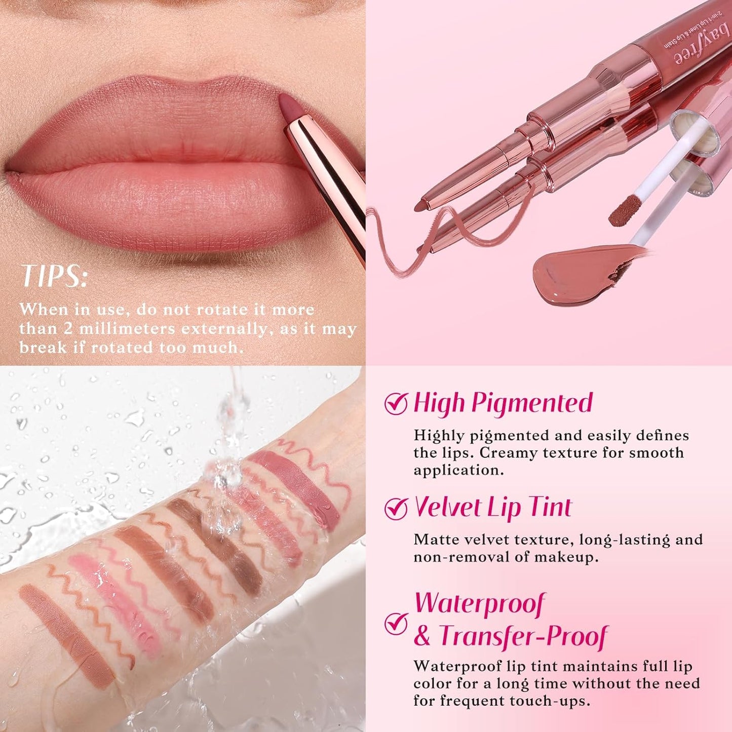 2-IN-1 Lip Liner and Lip Stain, High Pigmented Long Lasting Velvet Lip Tint, Well-Defined Lipliner, Weightless Waterproof Not Animal Tested, Matte Finish Makeup