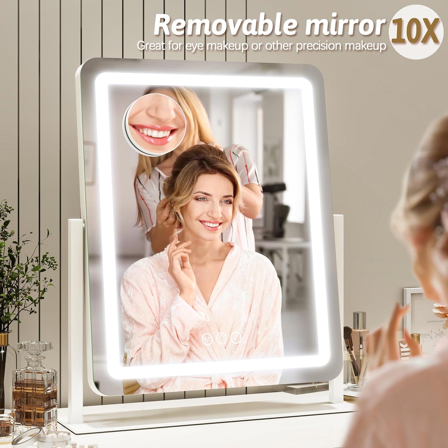 22x18 Inch Vanity Mirror with Lights, 3 Color Dimmable LED Lighting, Smart Touch Control & 360° Rotation, Large Makeup Mirror for Bedroom, Dressing Room (White)