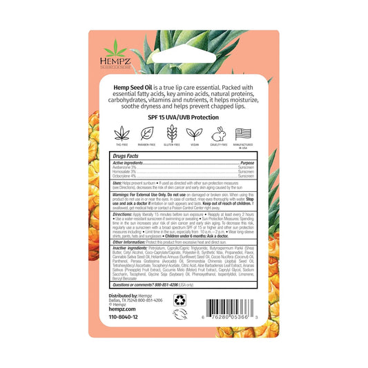 Hempz SPF 15 Lip Balm, Sweet Pineapple & Honey Melon Herbal Soothing Lip Care, for Men or Women .44 oz.