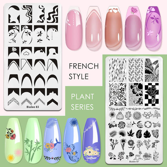 Biutee Nail Art Stamping Plates Set 10PCS French Line Stamp Templates, Nail Stamping Kit with Silicone Nail Stamper for DIY Print Manicure Salon Design Gift In Home