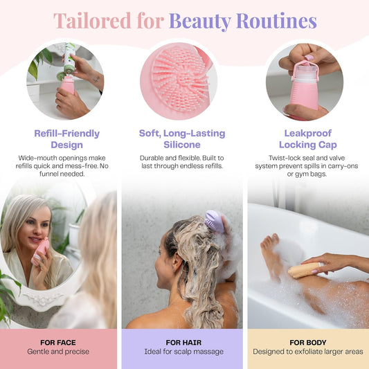 Sumina Silicone Travel Bottles 3 Pack (3.4oz) – TSA-Approved Leak-Proof Toiletry Containers with 2-in-1 Built-In Exfoliating Scrubber – Refillable for Travel, Gym & Skincare