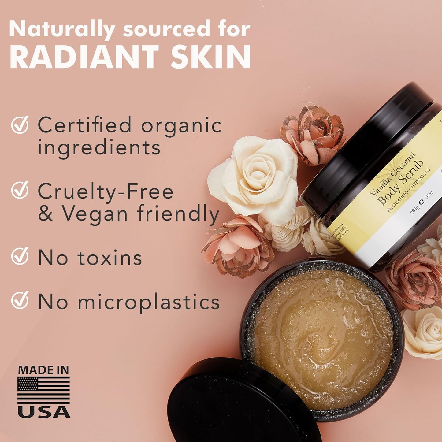 Organic Vanilla Coconut Body Scrub - USA Made Sugar Scrub with Natural Ingredients, Moisturizing Body & Foot Exfoliator for Dry and Sensitive Skin, Removes Dead Skin Cells & Reduces Ingrown Hair