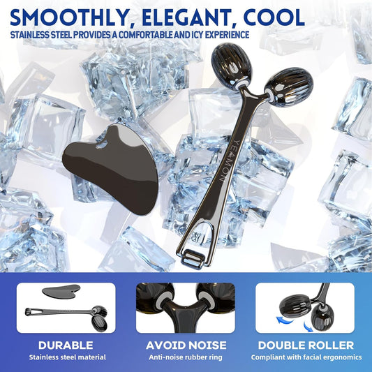Yeamon Gua Sha Facial Tools and Face Roller Set, Facial Massage Tool for Women’s Skincare Routine,Cooling Stainless Steel Face Sculpting Eyes Roller Guasha for Daily Use or Self-Care Gift for Women